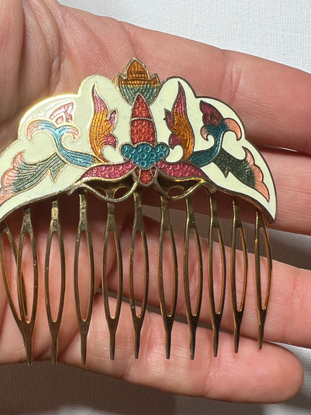 Vintage Cloisonné Hair Comb Side Comb Gold color